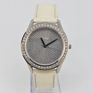 Guess Women's Watch 39MM Crystal Dial Bezel Cream Leather Bands New Battery